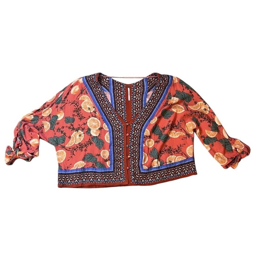 Free People Freshly Squeezed Top Size XS Oversized Boho Citrus 3/4‎ Tie Sleeve